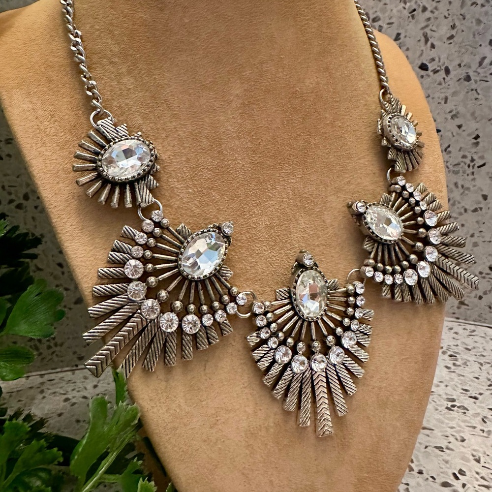 Silver Rhinestone Statement Necklace Set - image 4